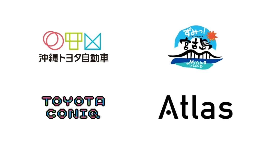 TOYOTA CONIQ と 沖縄トヨタ自動車 と 宮古島 と Atlas の企業ロゴ